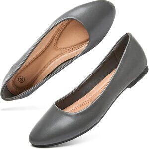 Women's Dark Grey PU Leather Closed Toe Slip on Comfortable Ballet Flats Shoes